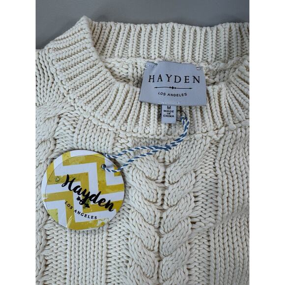 Hayden Los Angeles Womens Sweater Med Ivory Fisherman Chunky Knit Fringe Cropped - Picture 3 of 9